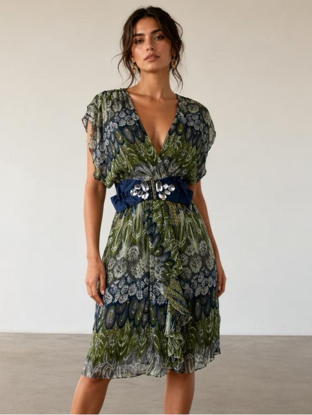 Andree Intricate Green & Blue Printed Midi Dress Chic Touch of Boho Elegance